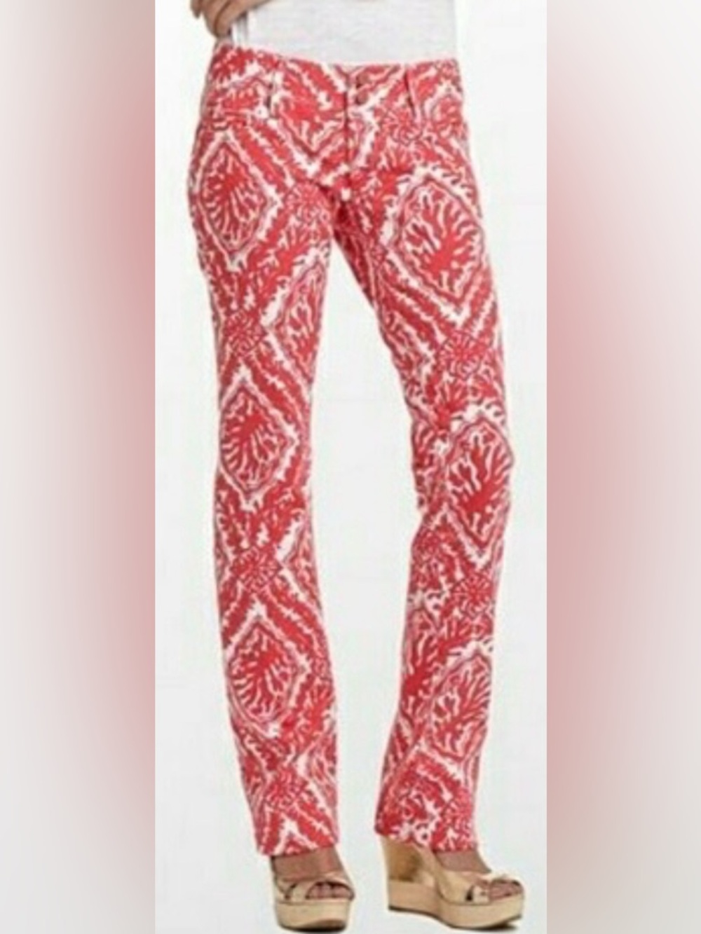 Lilly Pulitzer Red and White Worth Straight Leg Jeans W/Coral Design women’s 4